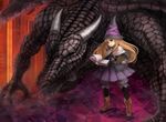  bad_id bad_pixiv_id black_eyes blonde_hair bloomers book boots capelet dragon grimgrimoire hat hat_ribbon horns lillet_blan mitsuki_(goomoku) pantyhose ribbon solo underwear wand witch witch_hat wizard_hat 