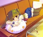  brown_eyes cable cable_divider couch digital_media_player green_hair headphones highres ipod lying md5_mismatch on_side original pillow saitou_tsukasa school_uniform serafuku skirt solo thighhighs twintails zettai_ryouiki 
