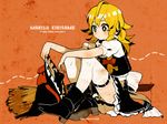  bad_id bad_pixiv_id blonde_hair boots bow braid broom brown_eyes cat character_name hair_bow haruo_(clownberry) hat kirisame_marisa long_hair sitting solo thighhighs touhou white_legwear witch_hat yellow_eyes 