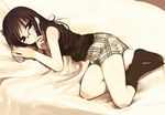  arima_senne bed brown_hair glasses kashiwamochi_yomogi lying miniskirt on_side original plaid plaid_skirt skirt sleepy smile socks solo 