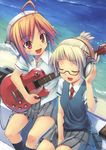  absurdres ahoge amplifier beach blush closed_eyes copyright_request day glasses guitar headphones highres hiiro_yuki instrument jewelry kneehighs multiple_girls necklace open_mouth school_uniform short_hair sitting skirt socks 