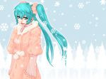  aqua_eyes aqua_hair hands_in_pockets hatsune_miku koz long_hair looking_at_viewer smile snow solo twintails very_long_hair vocaloid winter_clothes 