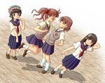  black_hair blush brown_hair chunpai flower hair_flower hair_ornament hair_ribbon head_wreath jumping long_hair misaka_mikoto multiple_girls ribbon sakugawa_school_uniform saten_ruiko school_uniform serafuku shirai_kuroko short_hair skirt socks sweater_vest to_aru_kagaku_no_railgun to_aru_majutsu_no_index twintails uiharu_kazari vest 