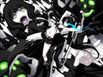  armpits belt bikini_top black_hair black_rock_shooter black_rock_shooter_(character) blue_eyes boots burning_eye chain curly_hair dead_master fangs glowing glowing_eyes green_eyes iga_tomoteru long_hair midriff multiple_girls navel open_mouth pale_skin scar shorts smile sword twintails uneven_twintails very_long_hair weapon 