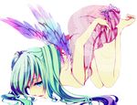  angel_wings aqua_hair barefoot blue_eyes dress feet full_body hands hatsune_miku legs lips long_hair macco short_dress simple_background skirt solo tears top-down_bottom-up twintails vocaloid wings 