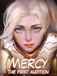  1boy 1girl artist_name blonde_hair blue_eyes bodysuit character_name firolian lips looking_at_viewer mercy_(overwatch) overwatch penis speech_bubble video_camera web_address 