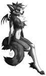  2014 ambiguous_gender anthro canine chest_tuft claws digital_media_(artwork) falvie fluffy fluffy_tail fur greyscale hair mammal monochrome nude paws simple_background smile solo toe_claws toes tuft white_background wings wolf 