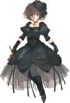  aquaplus black_dress black_legwear brown_hair choker cross dagger dress dungeon_travelers_2 full_body funeral_dress green_eyes highres holding holding_weapon mitsumi_misato official_art pantyhose puffy_sleeves short_hair sleeves_past_elbows smile solo souffle_twinny transparent_background veil weapon 