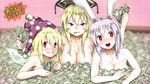  animal_ears blonde_hair breasts bunny_ears cleavage clownpiece commentary_request fairy_wings hat heart heart-shaped_pupils jester_cap junko_(touhou) kuranosuke large_breasts looking_at_viewer money money_bath multiple_girls nude polka_dot purple_hair red_eyes reisen_udongein_inaba symbol-shaped_pupils tassel touhou translated wings 
