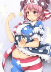  :o american_flag_legwear arm_garter bangs belly blush breasts chikado clownpiece clownpiece_(cosplay) commentary cosplay hat hitodama japanese_clothes jester_cap kimono medium_breasts midriff navel obi pantyhose pink_eyes pink_hair plump polka_dot saigyouji_yuyuko sash short_sleeves simple_background solo star star_print striped sweatdrop touhou triangular_headpiece 