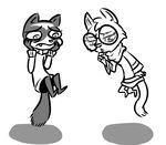  2016 anthro black_and_white clothed clothing cute_fangs disney duo ermine eyewear fan_character flying glasses inkyfrog male mammal monochrome mustelid percy_vison polecat simple_background white_background zootopia 