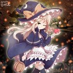  ;) absurdres apple black_legwear blonde_hair blush capelet commentary_request coreytaiyo crescent crescent_hair_ornament dress food fruit grin hair_ornament halloween hat highres kirisame_marisa long_hair looking_at_viewer one_eye_closed smile solo star star_hair_ornament star_hat_ornament thighhighs touhou very_long_hair wavy_hair witch witch_hat yellow_eyes zettai_ryouiki 