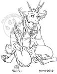  anthro caprine clothed clothing cybercat goat looking_at_viewer male mammal monochrome open_mouth solo watermark 