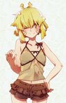  argo_the_rat banana blonde_hair breasts camisole derivative_work food fruit highres looking_at_viewer navel one_eye_closed short_hair short_shorts shorts small_breasts smile solo swimsuit sword_art_online whisker_markings yellow_eyes 