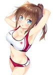  :o armpits arms_behind_head arms_up bangs blue_eyes blush breasts brown_hair buruma cleavage collarbone cowboy_shot highres ichi_makoto large_breasts long_hair looking_at_viewer midriff navel original ponytail shiny shiny_hair shiny_skin sidelocks simple_background solo sports_bra sweat taut_clothes track_uniform white_background 