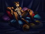  anthro clothing cybercat feline fur hair looking_at_viewer male mammal muscular open_mouth pillow smile solo tiger underwear 