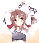  arms_up bangs blush brown_eyes brown_hair eyebrows eyebrows_visible_through_hair fuuna hachimaki hair_between_eyes head_tilt headband high_ponytail japanese_clothes kantai_collection long_hair long_sleeves looking_at_viewer muneate ponytail simple_background smile solo upper_body white_background wide_sleeves zuihou_(kantai_collection) 