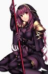  beeyan blush bodysuit breasts fate/grand_order fate_(series) gae_bolg highres large_breasts long_hair looking_at_viewer pauldrons polearm purple_bodysuit purple_hair red_eyes scathach_(fate)_(all) scathach_(fate/grand_order) sitting smile solo spear veil weapon 