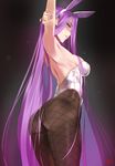  animal_ears arm_up armpits ass back back-seamed_legwear backless_outfit bare_shoulders black_background black_legwear breasts bunny_ears bunny_girl bunnysuit cowboy_shot eyebrows eyebrows_visible_through_hair eyelashes fake_animal_ears fate/extella fate/extra fate/stay_night fate_(series) fishnet_pantyhose fishnets from_side gradient gradient_background hairband hand_on_own_arm highres holding_arm leotard light_particles long_hair looking_at_viewer medium_breasts nail_polish pantyhose parted_lips purple_eyes purple_hair purple_nails rider seamed_legwear shiny shiny_clothes solo strapless strapless_leotard very_long_hair white_legwear yang-do 