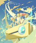  3girls blonde_hair blue_hair c_otom cape cloud crossed_arms flip_flappers gunbuster_pose hair_ornament hairclip image_sample kokomine_cocona lens_flare long_hair md5_mismatch multiple_girls occhan_(flip_flappers) papika_(flip_flappers) pixiv_sample pose red_hair school_swimsuit short_hair swimsuit tt-392 wind yayaka 