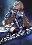  armor armored_dress bare_shoulders blonde_hair blue_eyes breasts chain fate/apocrypha fate/grand_order fate_(series) gauntlets greaves headpiece helmet highres jeanne_d'arc_(fate) jeanne_d'arc_(fate)_(all) karlwolf large_breasts long_hair looking_at_viewer simple_background skirt solo sword weapon 