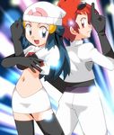  2girls blue_eyes blue_hair hainchu hikari_(pokemon) multiple_girls nintendo nozomi_(pokemon) pokemon red_eyes red_hair smile team_rocket_(cosplay) 