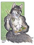  abs anthro canine cybercat food looking_at_viewer male mammal muscular scar smile solo sushi traditional_media_(artwork) 