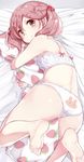  absurdres animal_print back-print_panties barefoot bed_sheet blush bow bow_bra bra breasts bunny_panties bunny_print duplicate food_print hair_bobbles hair_ornament highres jpeg_artifacts kantai_collection kengorou_saemon_ii_sei lying panties pillow pillow_hug pink_hair print_panties print_pillow sazanami_(kantai_collection) small_breasts solo strawberry_print two_side_up underwear underwear_only white_bra white_panties 
