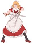  apron blonde_hair commentary dress frills highres legs_apart maid maid_apron maid_headdress mefomefo multiple_swords pantyhose red_dress shoes short_sleeves simple_background solo sword touhou touhou_(pc-98) weapon yellow_eyes yumeko 