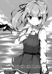  arm_at_side artist_name bangs belt building clenched_hand cloud comic commentary cover cover_page cowboy_shot dress english eyebrows eyebrows_visible_through_hair greyscale hair_ribbon highres holding horizon kantai_collection kasumi_(kantai_collection) long_hair long_sleeves monochrome mountain ocean pinafore_dress remodel_(kantai_collection) ribbon sheita shirt side_ponytail sky sleeveless sleeveless_dress solo 