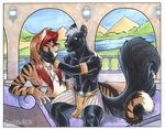  2012 anthro clothed clothing cybercat duo feline female fur hair inside lying male mammal on_side sitting smile traditional_media_(artwork) 
