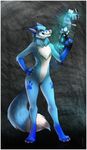  2013 anthro blue_fur canine chest_tuft female fox full-length_portrait fur grin gun hand_on_hip looking_at_viewer mammal nude pawprint portrait purple_eyes ranged_weapon science_fiction silverdeni solo standing tuft weapon white_fur 