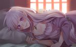  bangs bare_shoulders bed_sheet blush breasts cleavage closed_mouth crystal curtains dress elf emilia_(re:zero) eyebrows eyebrows_visible_through_hair flower frills hair_flower hair_ornament highres holding holding_hair indoors light_particles long_hair looking_at_viewer low-tied_long_hair lying medium_breasts off_shoulder on_bed on_side pillow pointy_ears purple_eyes re:zero_kara_hajimeru_isekai_seikatsu rin2010 silver_hair solo upper_body window 