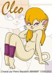 2003 3_toes 4_fingers anthro bbmbbf blonde_hair breasts cat cleo_catillac digital_media_(artwork) featureless_breasts featureless_crotch feline female hair heathcliff_&amp;_the_catillac_cats long_hair mammal nude simple_background sitting solo text toes 