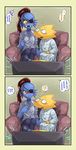  alphys blue_skin comic commentary couple crying crying_with_eyes_open denial eyepatch glasses head_fins highres monster_girl multiple_girls ponytail red_hair shirt tears teeth translated undertale undyne usou_(aomidori) yellow_skin yuri 