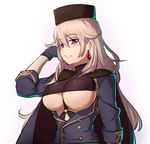  blush breasts cape earrings girls_frontline gloves hat jewelry large_breasts long_hair looking_at_viewer military_jacket mole mole_under_eye parted_lips ptrd-41_(girls_frontline) purple_eyes silver_hair solo turtleneck underboob underboob_cutout upper_body xiujia_yihuizi 