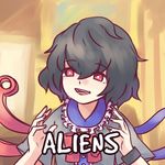  :d ancient_aliens asymmetrical_wings bangs black_hair bow bowtie commentary dress english highres houjuu_nue meme messy_hair open_mouth red_bow red_eyes short_hair smile solo teeth text_focus touhou upper_body wings yoruny 
