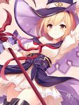  blonde_hair djeeta_(granblue_fantasy) gloves granblue_fantasy hat highres school_uniform serafuku short_hair skirt solo staff takehana_note warlock_(granblue_fantasy) witch_hat 