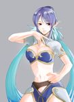  1girl blue_hair breasts cleavage grey_background hair_bun judith midriff navel open_mouth pointy_ears red_eyes short_hair skirt tales_of_(series) tales_of_vesperia 