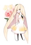  arms_behind_back bangs bare_arms blonde_hair blunt_bangs chungu dress flower gem green_eyes highres long_hair lusamine_(pokemon) pokemon pokemon_(game) pokemon_sm short_dress simple_background sleeveless sleeveless_dress solo very_long_hair white_background white_dress 