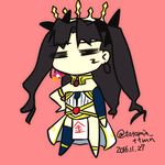  =_= anklet armlet artist_name bare_shoulders black_hair card commentary_request crown earrings expressionless fate/grand_order fate/stay_night fate_(series) gift_card hair_ribbon hand_on_hip hoop_earrings ishtar_(fate/grand_order) itunes jewelry long_hair parody red_background ribbon single_thighhigh solo style_parody tatamin thighhighs thighlet translation_request two_side_up zettai_ryouiki 