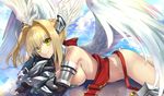  ahoge armor bare_shoulders bikini_armor black_gloves blonde_hair braid breasts chin_rest detached_collar elbow_gloves fate/extella fate/extra fate_(series) fingerless_gloves french_braid gauntlets gloves green_eyes hair_bun hair_intakes head_wings kawanakajima large_breasts lying nero_claudius_(fate)_(all) on_stomach saber_venus sideboob smile solo spoilers sweat white_wings wings 