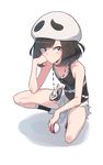  black_eyes black_hair commentary_request cosplay hand_on_own_face hat highres holding holding_poke_ball jewelry mizuki_(pokemon) necklace poke_ball pokemon pokemon_(game) pokemon_sm short_hair shorts simple_background solo squatting supernew tank_top team_skull_grunt team_skull_uniform white_background 