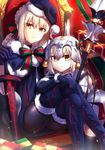  &gt;:( &gt;:) age_difference ahoge artoria_pendragon_(all) black_dress black_gloves black_legwear black_santa_costume blonde_hair bow bowtie capelet closed_mouth commentary_request crossed_legs dark_excalibur dress elbow_gloves fate/grand_order fate_(series) frown fur_trim gloves hat headpiece highres holding holding_sword holding_weapon ichiren_namiro jeanne_d'arc_(fate)_(all) jeanne_d'arc_alter_santa_lily looking_at_viewer multiple_girls pantyhose saber_alter santa_alter santa_costume santa_hat sitting smile sparkle striped striped_bow striped_neckwear sword thighhighs throne v-shaped_eyebrows weapon yellow_eyes 