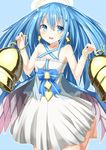  bad_id bad_pixiv_id bare_shoulders bell bell_earrings bellringer_angel blue_eyes blue_hair dress earrings halo jewelry looking_at_viewer shadowverse smile solo unishi_furano 