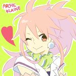  1girl arche_klein bra character_name earrings elbow_gloves gloves heart one_eye_closed pink_eyes pink_hair ponytail scarf smile tales_of_(series) tales_of_phantasia wink 