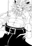  belt big_muscles black_and_white chair clothing digimon ear_piercing erect_nipples feline fur hair hatake leomon looking_at_viewer male mammal mane monochrome muscular nipples nude_overbody pants pecs piercing quads scar sitting sketch smile smirk solo 