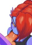  2016 anthro balls blue_skin blush boxman close-up clothed clothing duo eyelashes fellatio female fish gills hair human interspecies looking_at_viewer looking_up male male/female mammal marine monster one_eye_covered oral penis red_hair saliva sex shirt simple_background solo_focus tank_top undertale undyne vein veiny_penis video_games white_background yellow_eyes 