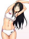  abs armpits asics black_hair blue_eyes buruma cowboy_shot hair_over_one_eye highres kuri_(kurigohan) long_hair midriff navel original solo sports_bikini sports_bra standing stretch white_buruma 