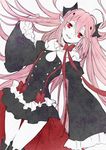  bare_shoulders black_dress boots detached_sleeves dress krul_tepes long_hair looking_at_viewer open_mouth owari_no_seraph pink_hair pointy_ears red_eyes smile solo two_side_up vampire very_long_hair yoma 